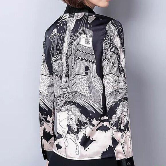 Women's Shirt Silk Black and White Printed Blouse - Picture 2 of 12